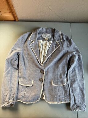 Nick & Mo Linen Blend Striped Lace Trim Cottagecore Blazer Jacket Small